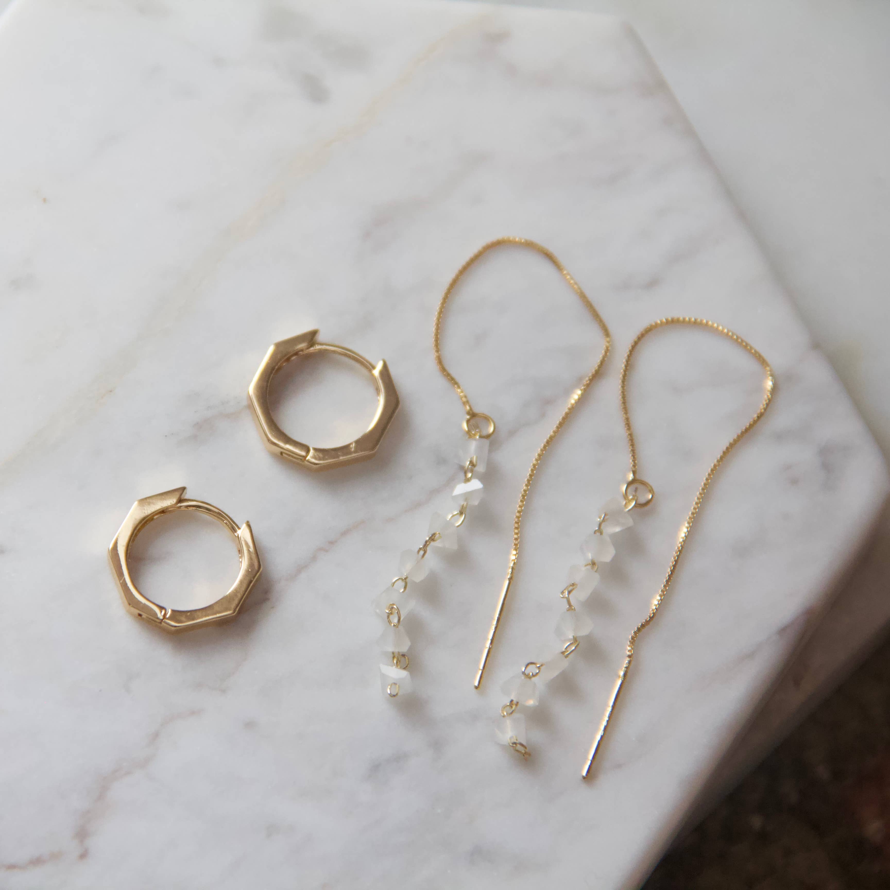 Hexagon Huggie Hoop Earrings: Silver