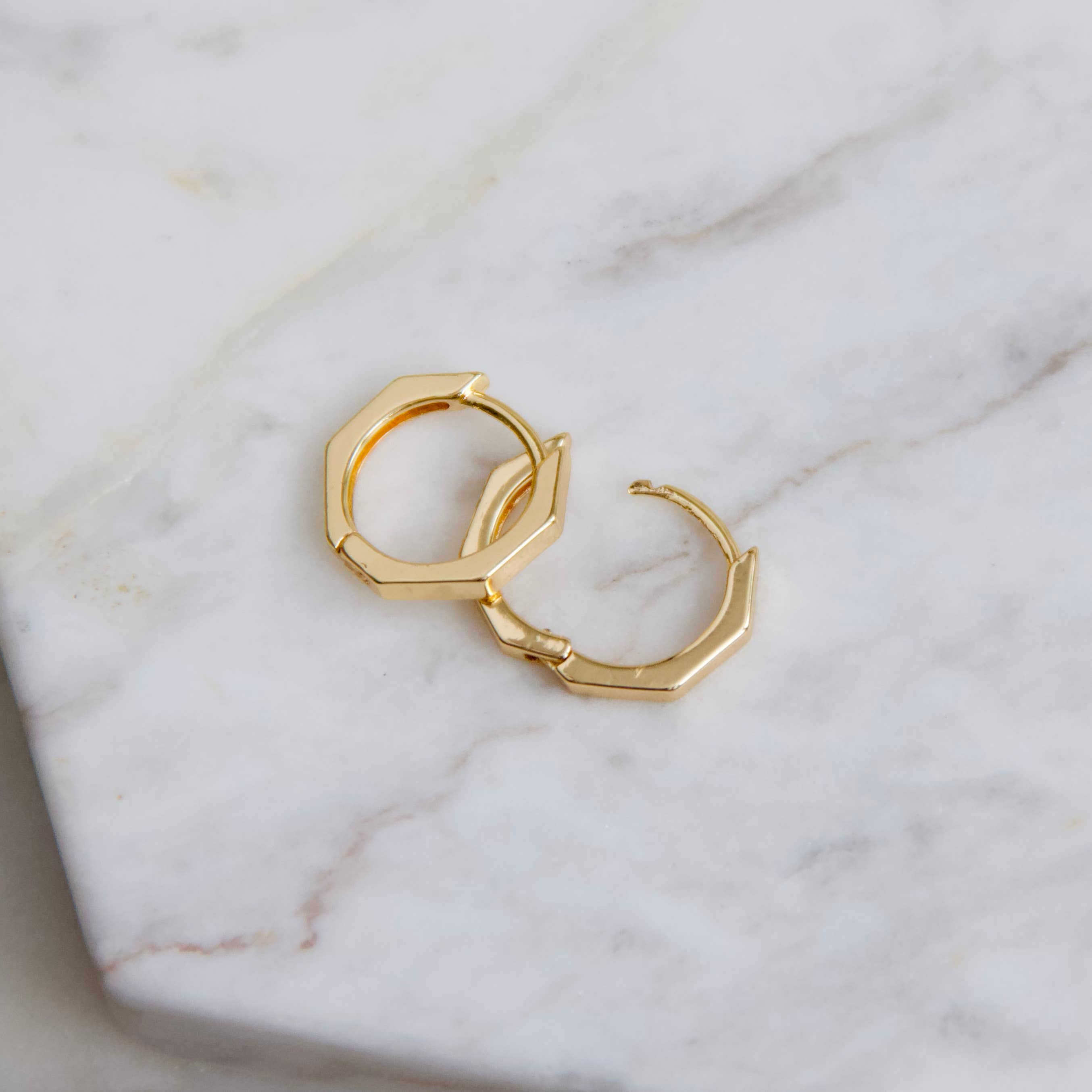 Hexagon Huggie Hoop Earrings: Silver