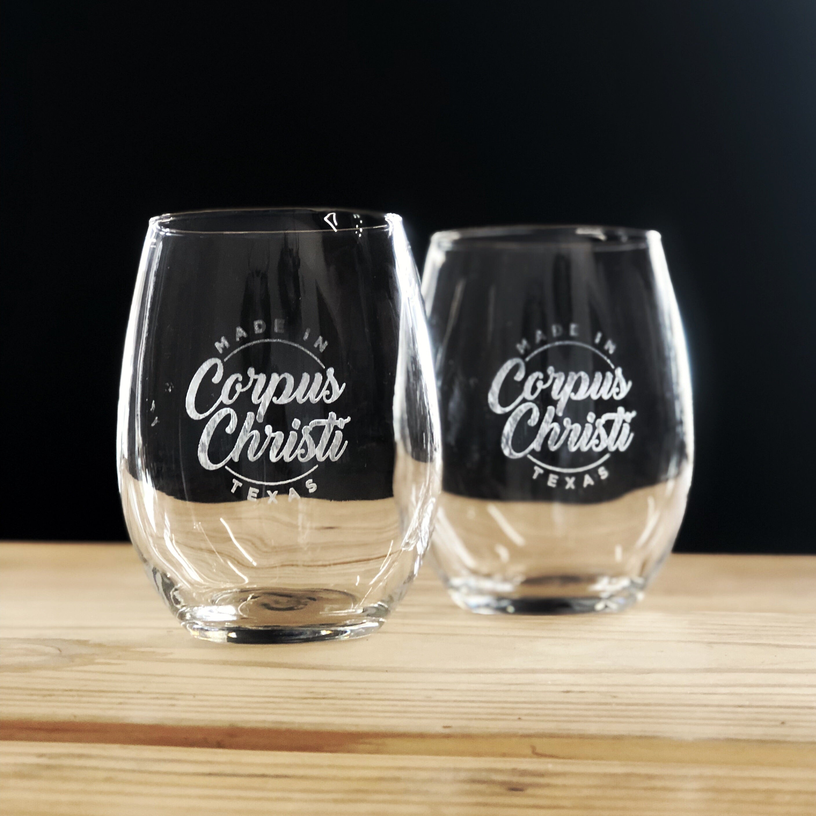 Stemless Etched Wine Glass - Made in Corpus Christi